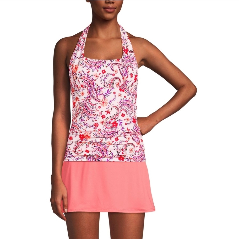 Lands’ End Pink Floral Paisley Tankini Top Size 12 Shelf Bra Swim